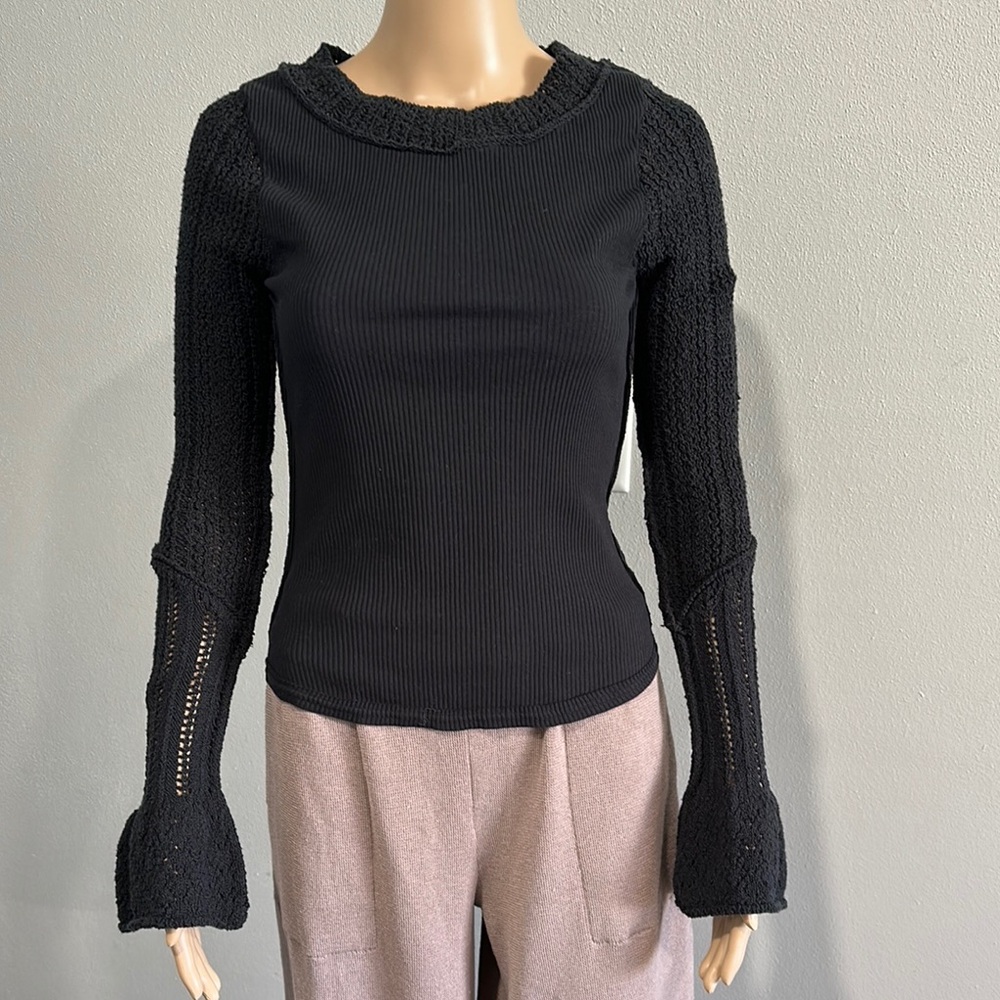 Free People Chic Black Knit Long Sleeve Top